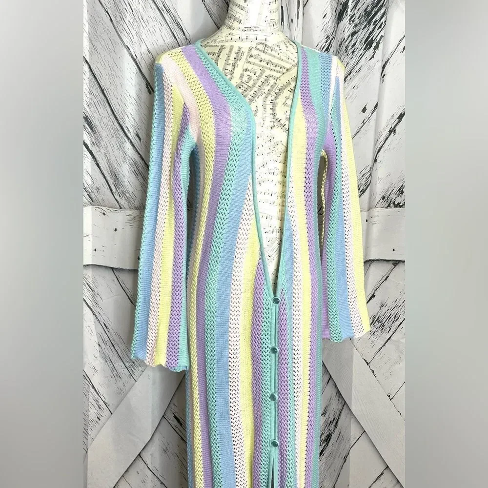 Capittana Long Knit Cardigan Sweater Long Sleeve Striped Cover-Up Maxi